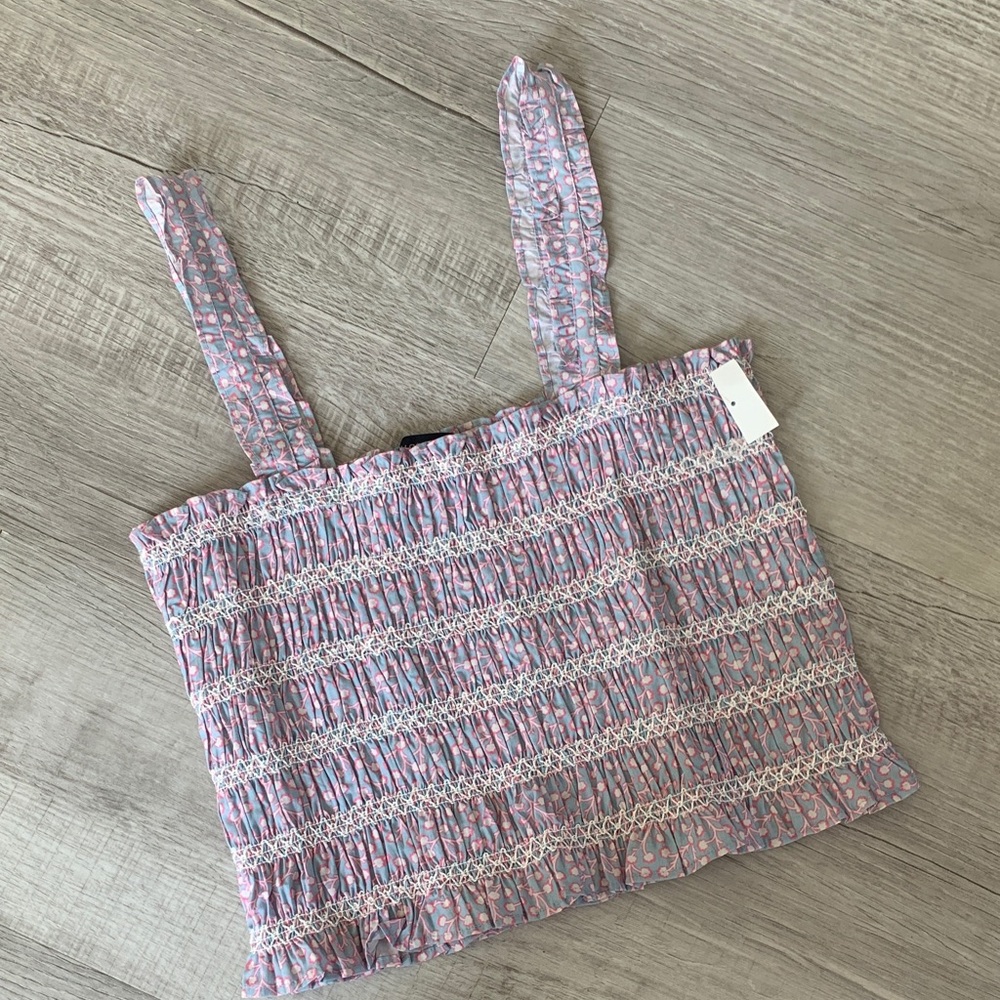 NWT French Connection Pink and Blue Smocked Top, Size XXS.